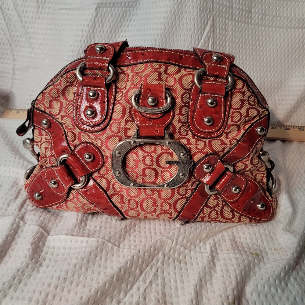 Guess Red Monogram Satchel Bag Faux Ostrich Trim Y2K Leopard Print Interior RARE
